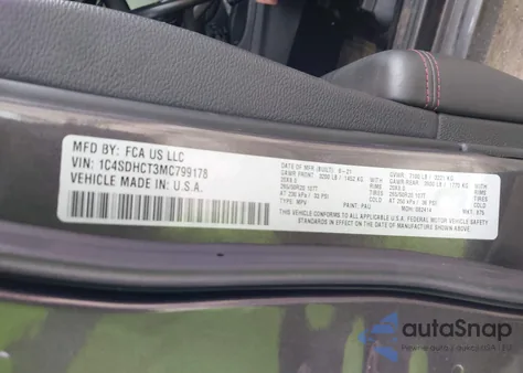 2021 Dodge Durango R/T Rwd из США, поврежденный, VIN 1C4SDHCT3MC799178